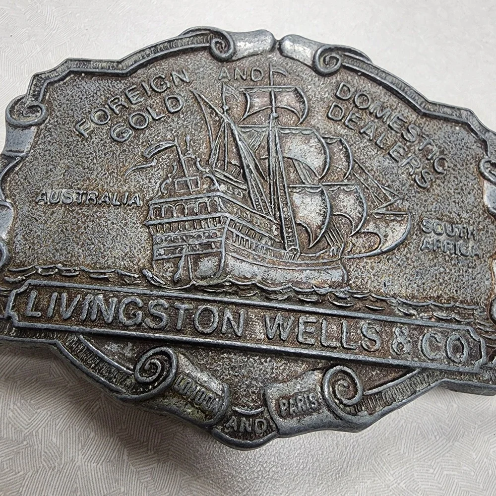 Vintage Livingston Wells & Co Gold Dealers Belt Buckle Wells Fargo Ship Boat